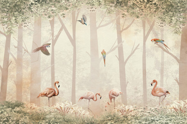 Fotobehang Flamingo's in de tuin