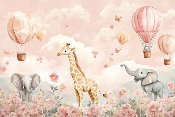 Fotobehang Giraffe en olifanten tussen bloemen