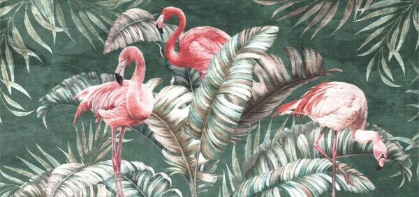 Fotobehang Flamingo's gewikkeld in bladeren