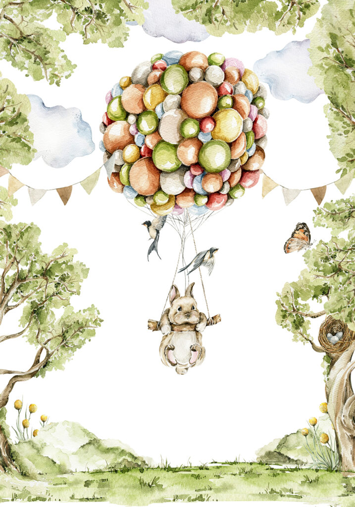 Fotobehang Konijn op een ballonschommel