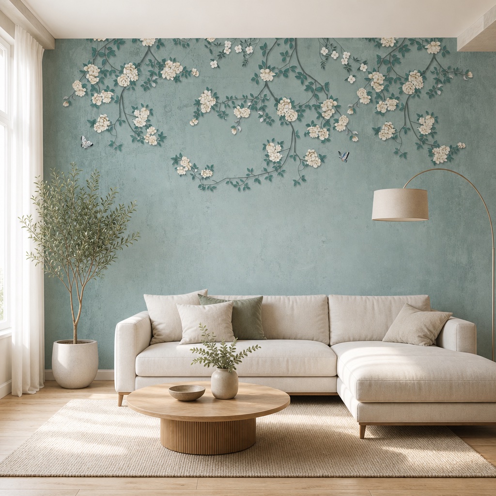fotobehang witte rozen aan de muur in de woonkamer
