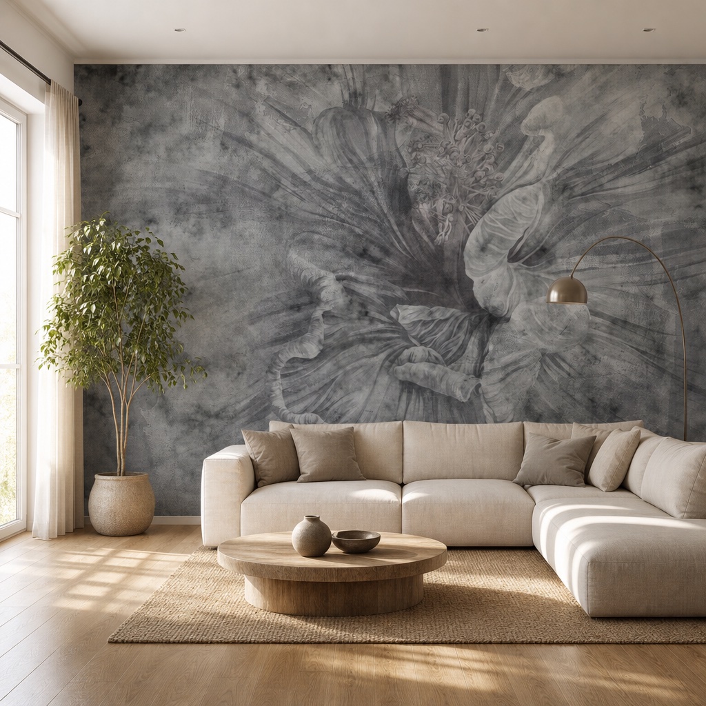 fotobehang donkere bloem aan de muur in de woonkamer