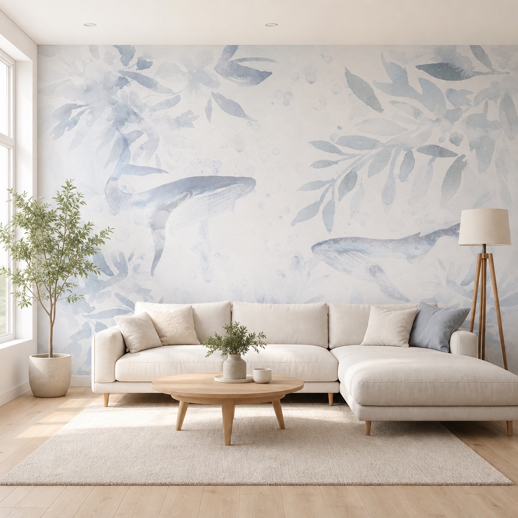 fotobehang twee walvissen aan de muur in de woonkamer