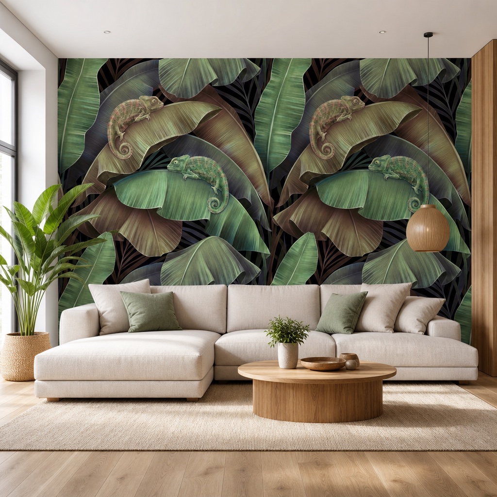 fotobehang kameleons in de bladeren aan de muur in de woonkamer