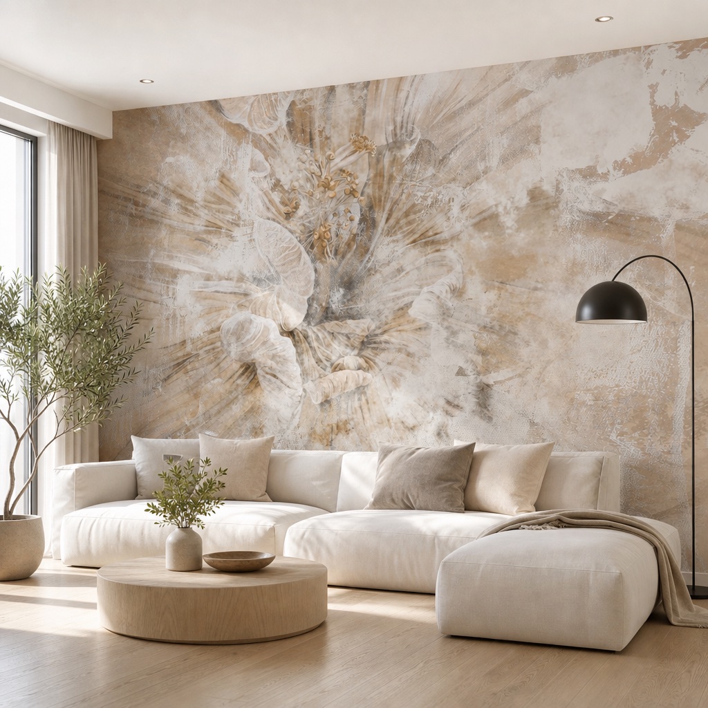 fotobehang bloemkelk aan de muur in de woonkamer