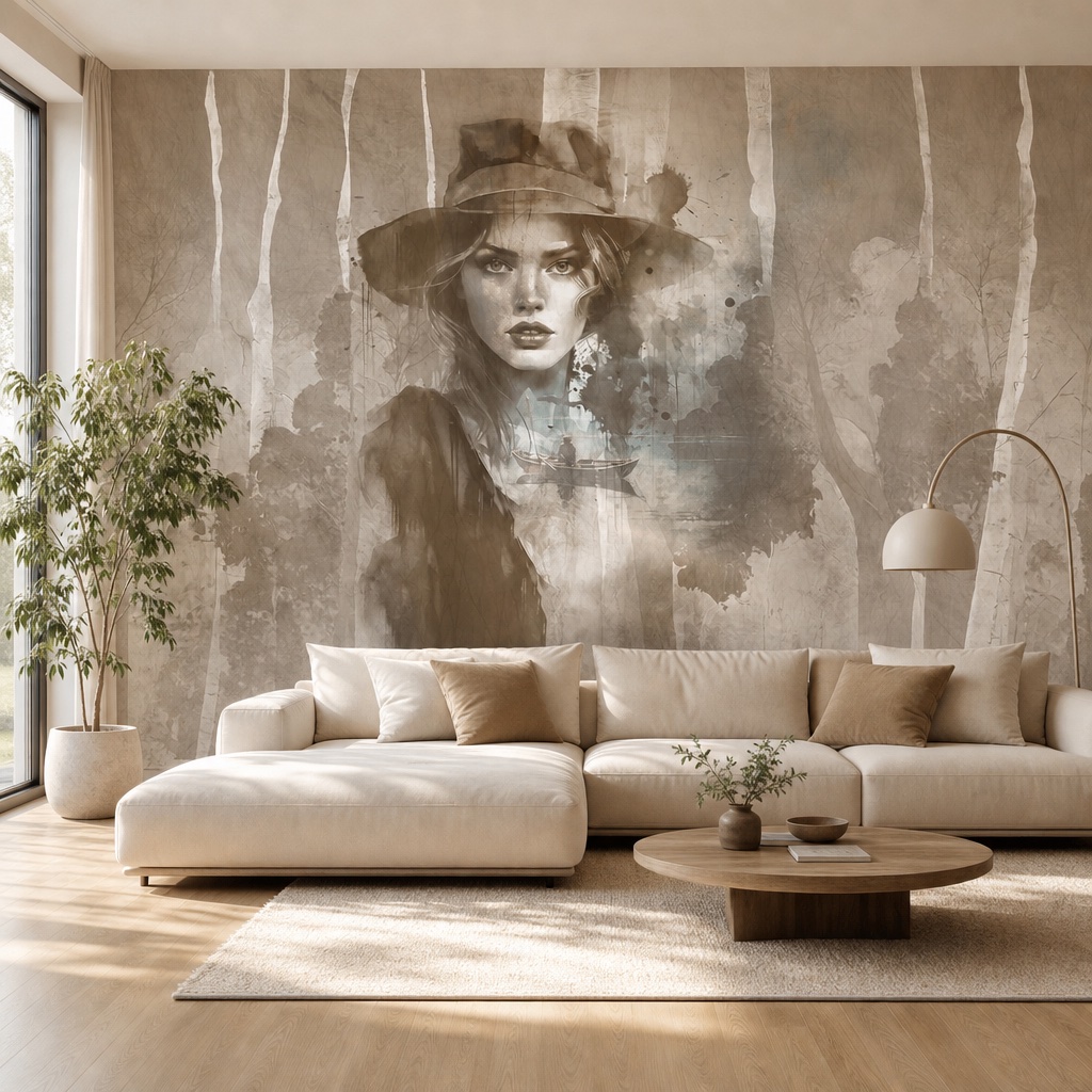 fotobehang vrouw met een hoed aan de muur in de woonkamer