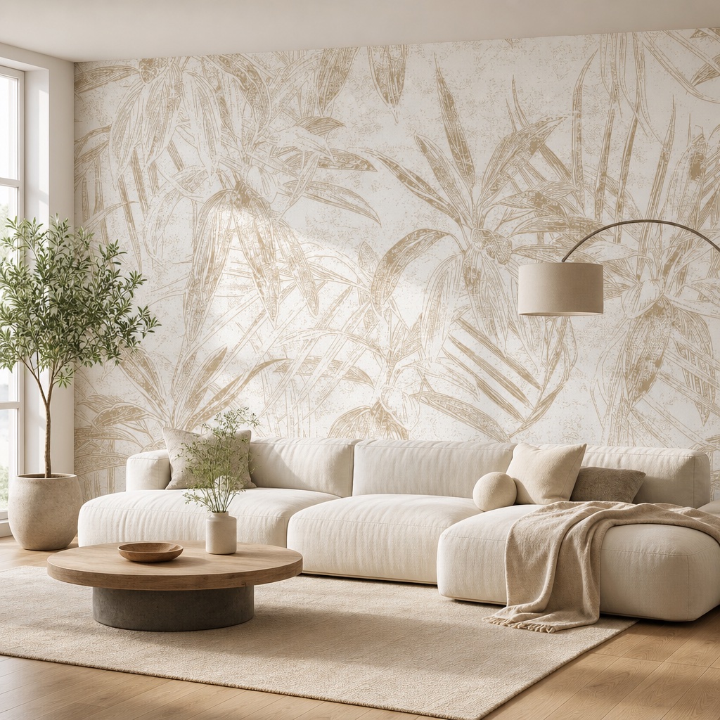 fotobehang bladeren in beige — patroon 2 aan de muur in de woonkamer