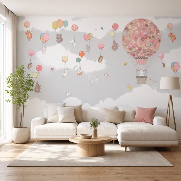 fotobehang vlucht van de roze ballonnen aan de muur in de woonkamer
