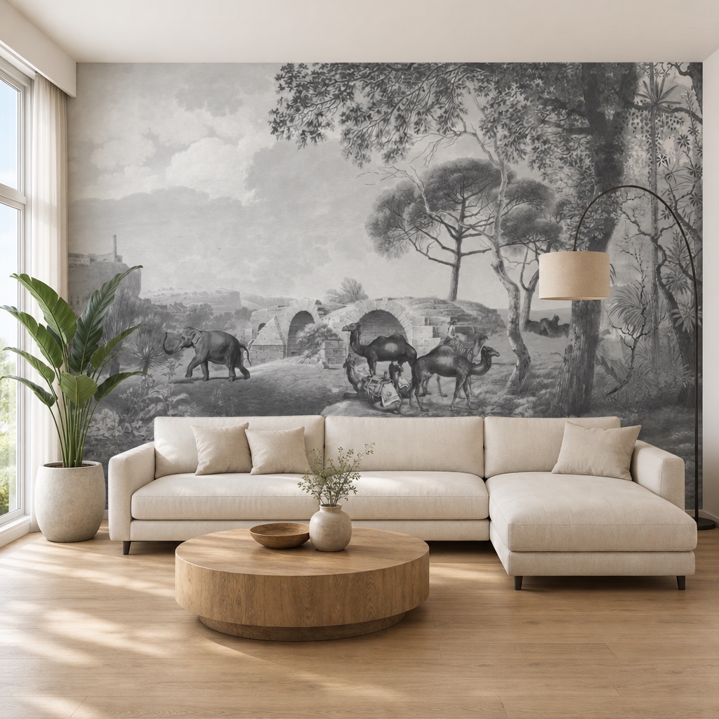 fotobehang caravan rust aan de muur in de woonkamer