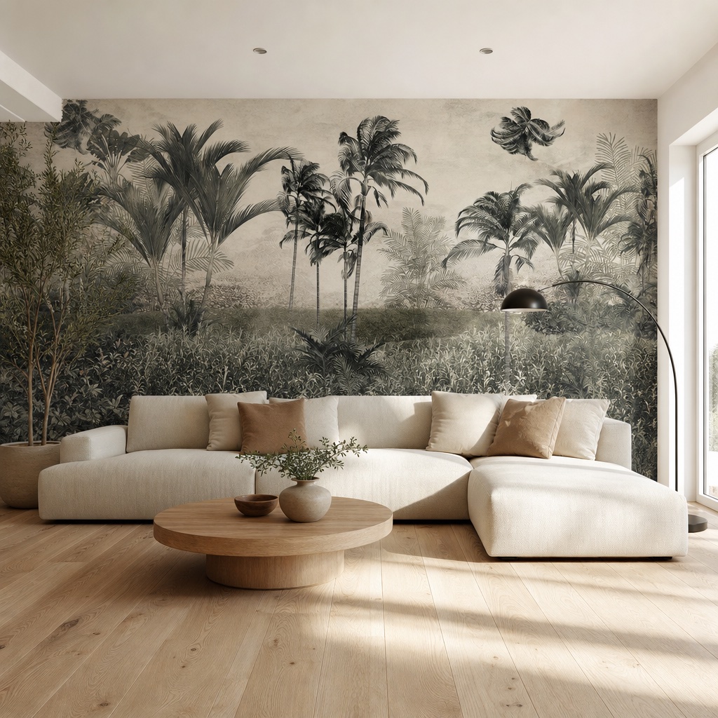 fotobehang jungle panorama aan de muur in de woonkamer