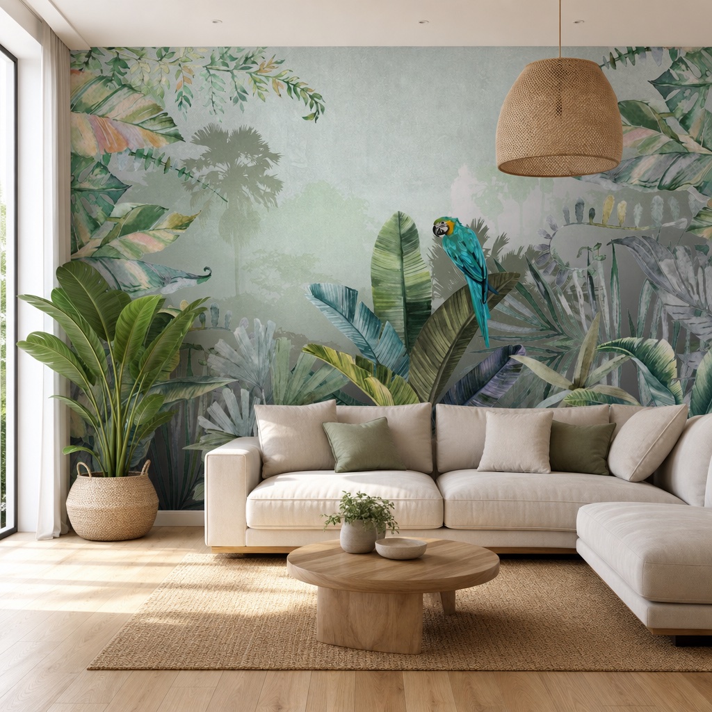 fotobehang papegaai in de struiken aan de muur in de woonkamer