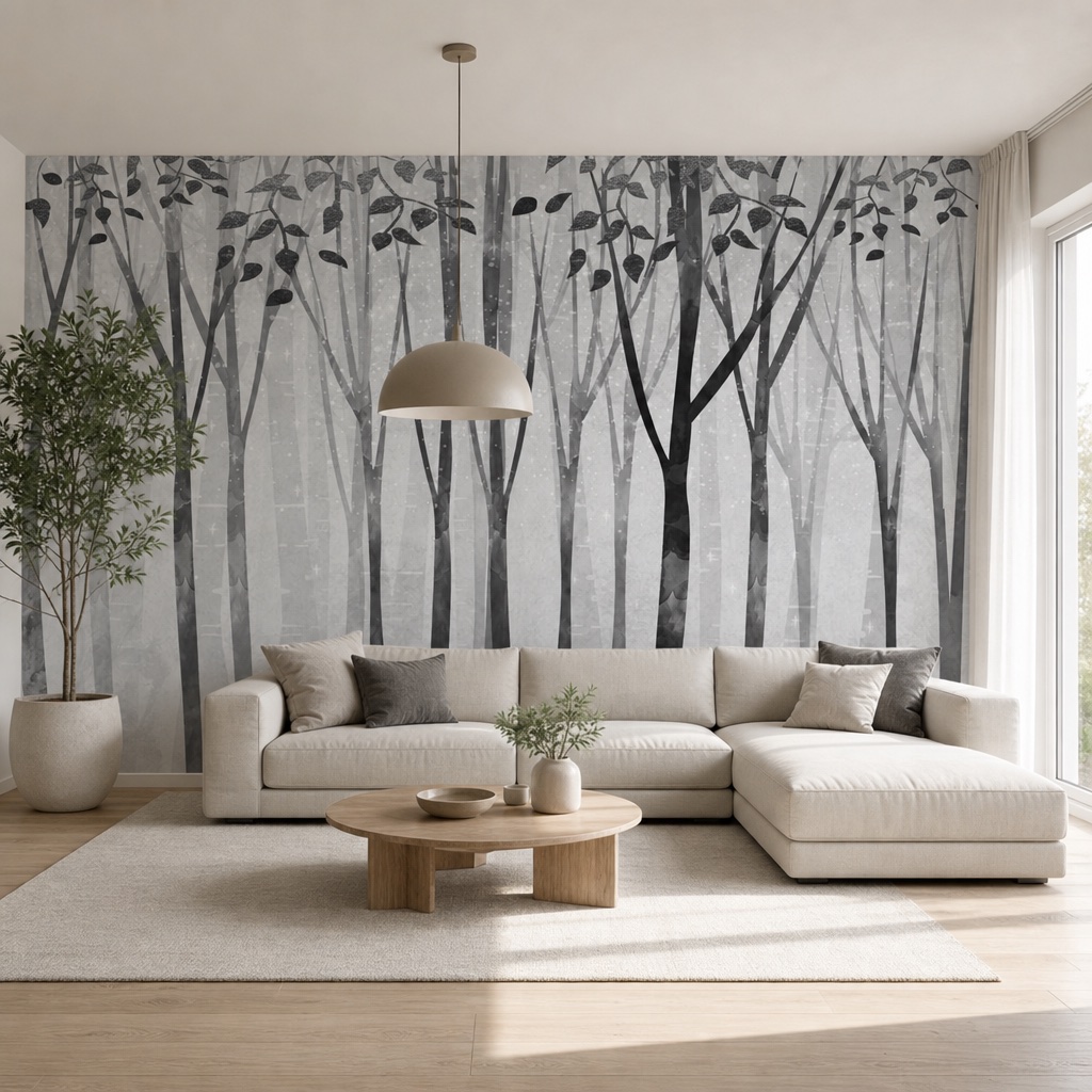 fotobehang boomstammen aan de muur in de woonkamer