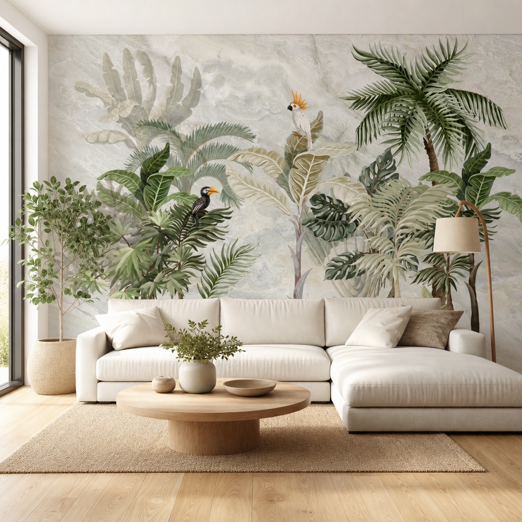 fotobehang vogels op een boom aan de muur in de woonkamer