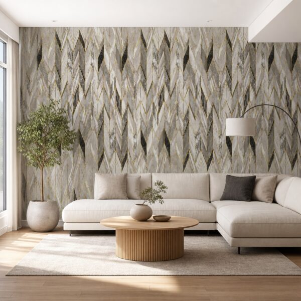 fotobehang zilveren visgraat aan de muur in de woonkamer