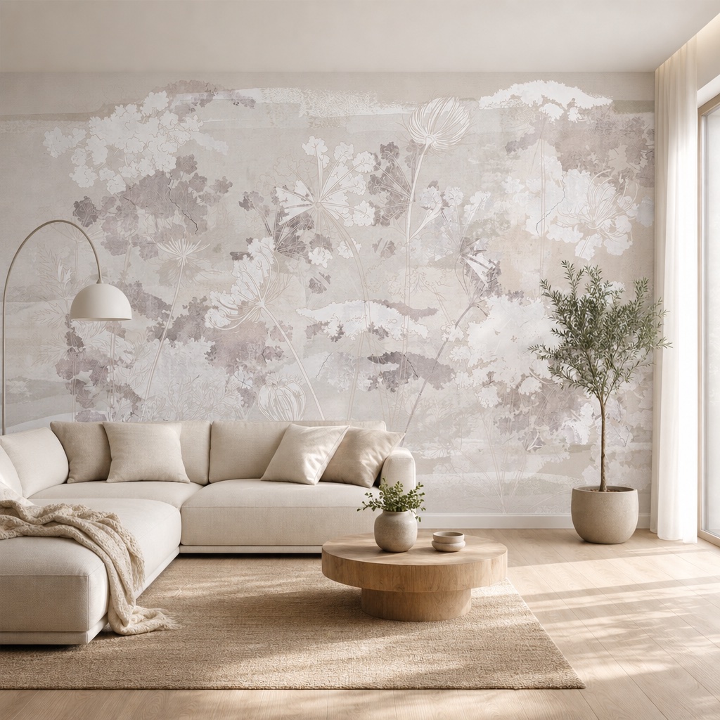 fotobehang overzicht van witte planten aan de muur in de woonkamer