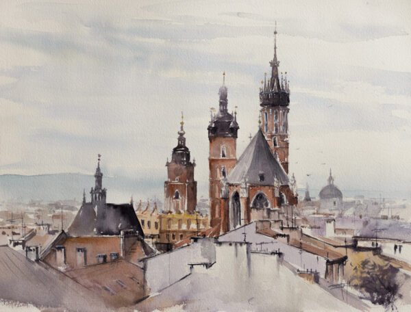 Fotobehang Krakau – een panorama van de stad in aquarelstijl