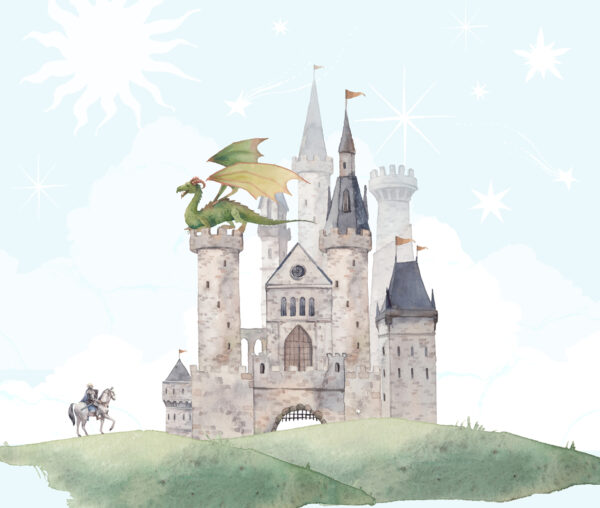 Fotobehang Fotobehang: Sprookjeskasteel met een draak