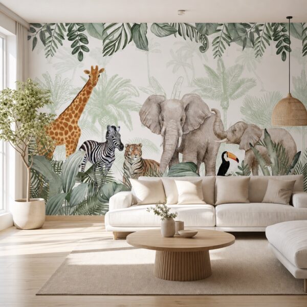 fotobehang tropische safari aan de muur in de woonkamer