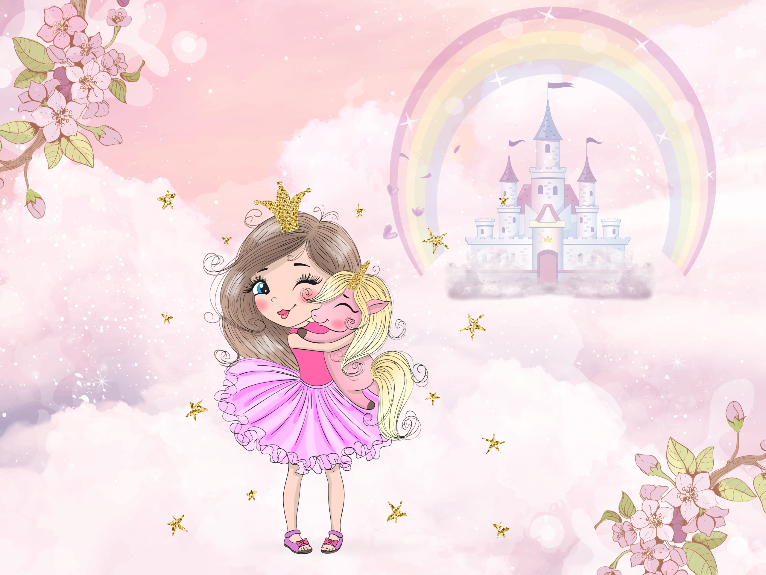 Picture,Of,A,Girl,With,A,Unicorn.,Pink,Background,,Clouds,