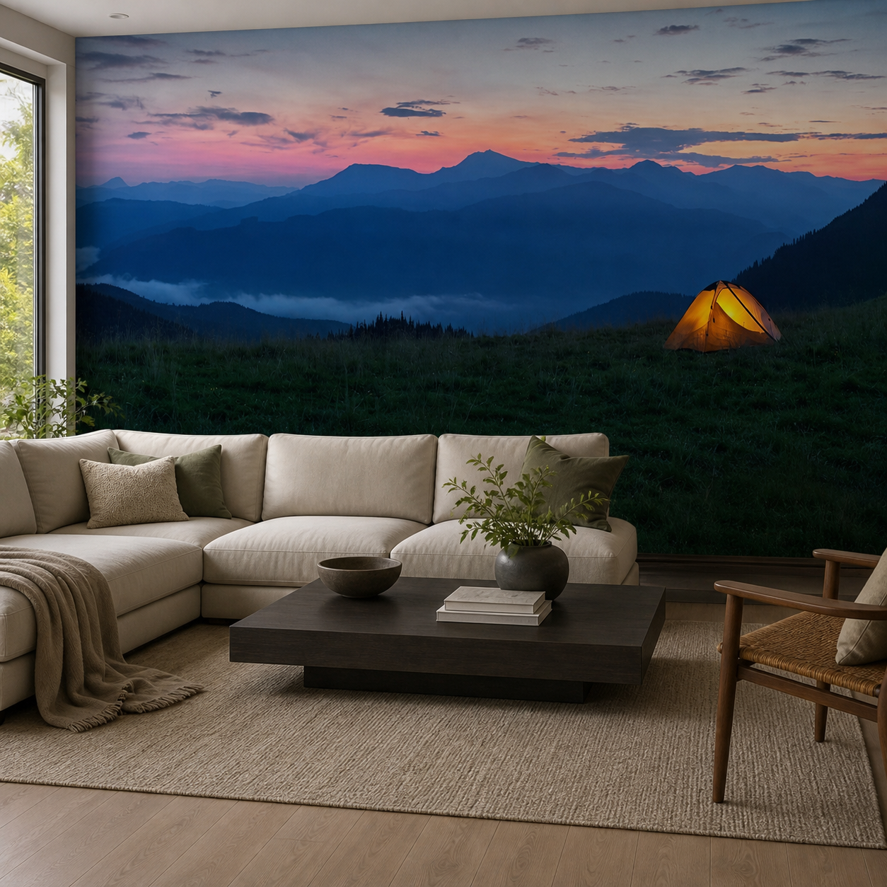 fotobehang Fotobehang Tent in de Bergen — patroon 2 aan de muur in de woonkamer