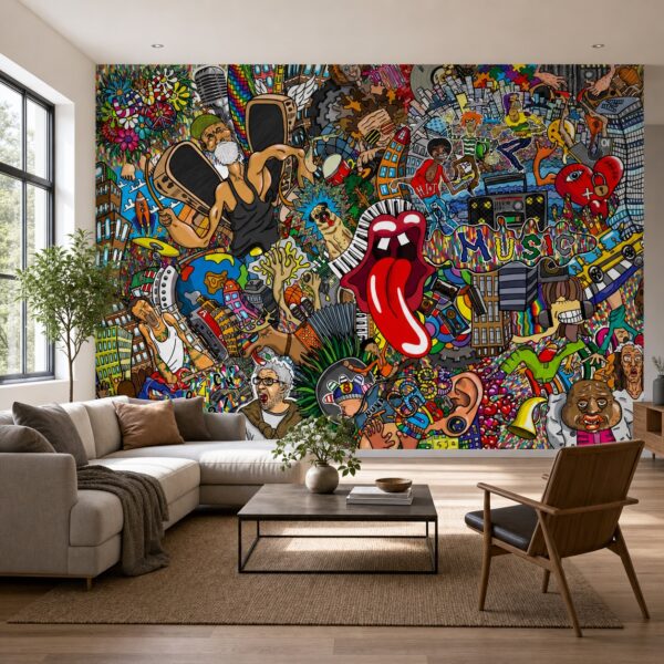 fotobehang Fotobehang Muziekcollage aan de muur in de woonkamer