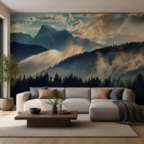 fotobehang Fotobehang Morning Mist aan de muur in de woonkamer