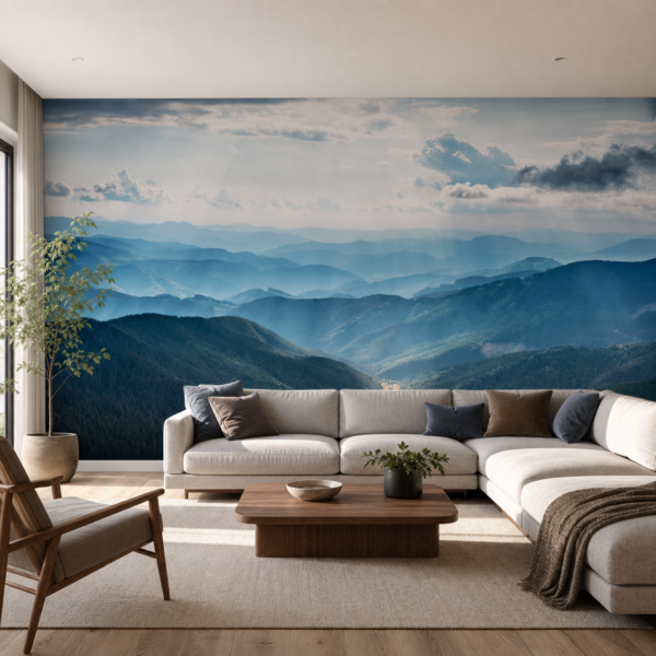 fotobehang Fotobehang Mountain View — patroon 1806 aan de muur in de woonkamer