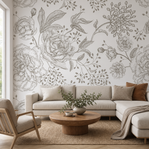 fotobehang Fotobehang Bruine Bloemen — patroon 1797 aan de muur in de woonkamer