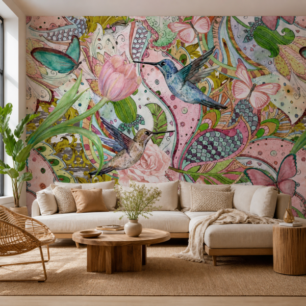 fotobehang Fotobehang Planten en Kolibries — patroon 2238 aan de muur in de woonkamer