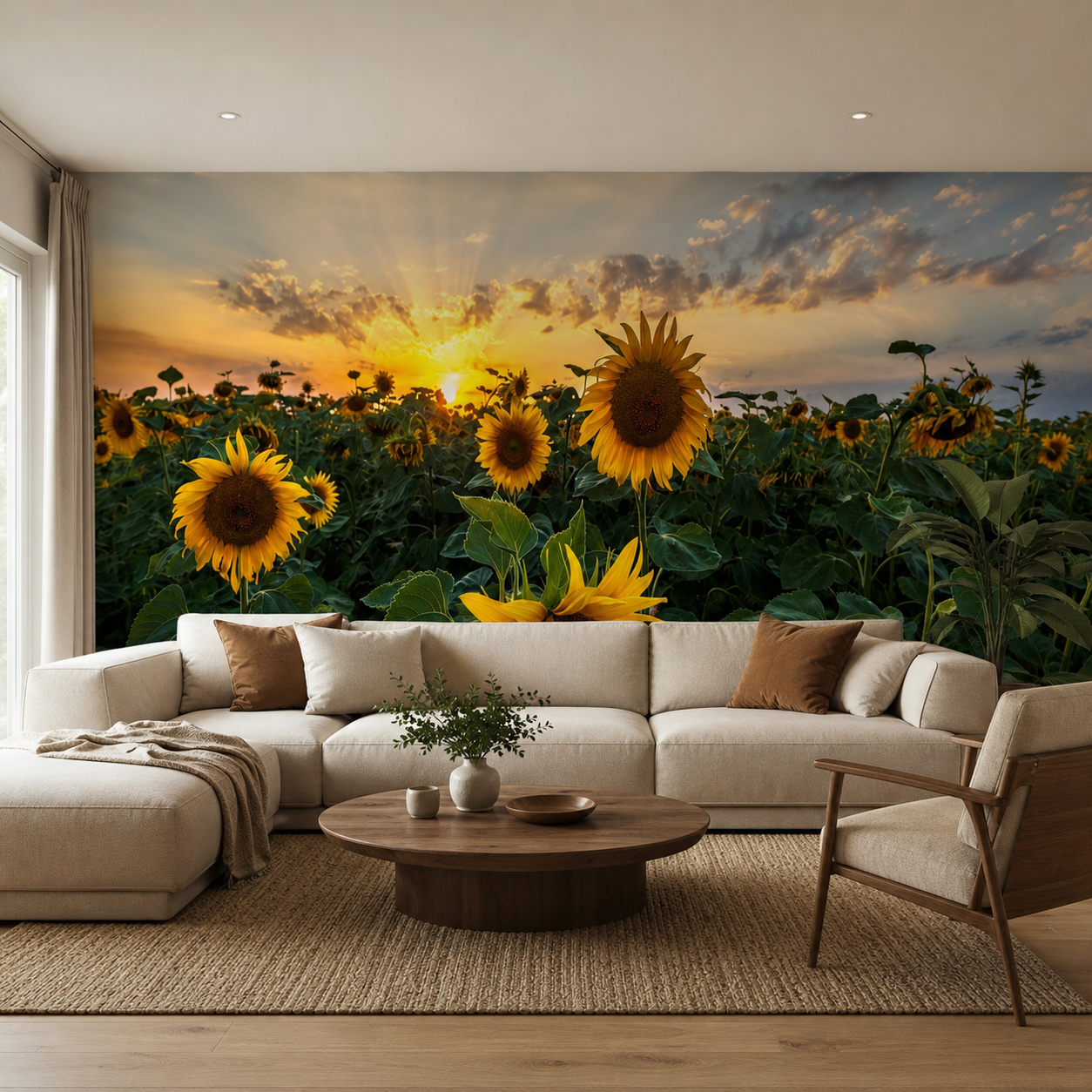 fotobehang Fotobehang Zonnebloemenveld — patroon 1819 aan de muur in de woonkamer