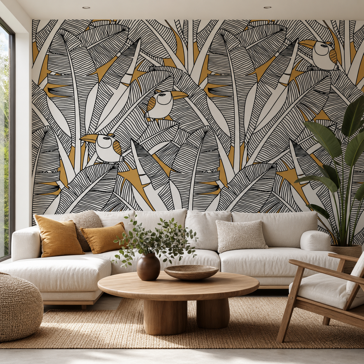 fotobehang Fotobehang Exotische Jungle — patroon 2251 aan de muur in de woonkamer