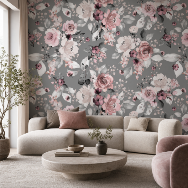fotobehang Fotobehang Pink Flowers — patroon 1799 aan de muur in de woonkamer