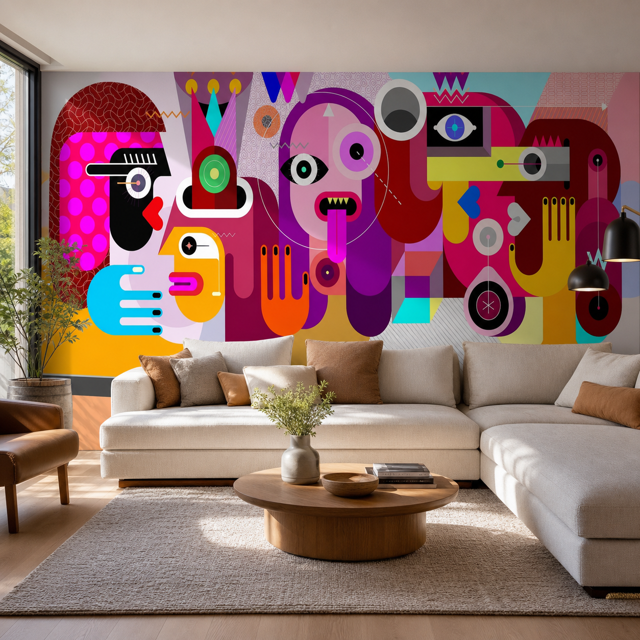 fotobehang Fotobehang Een grote groep mensen aan de muur in de woonkamer
