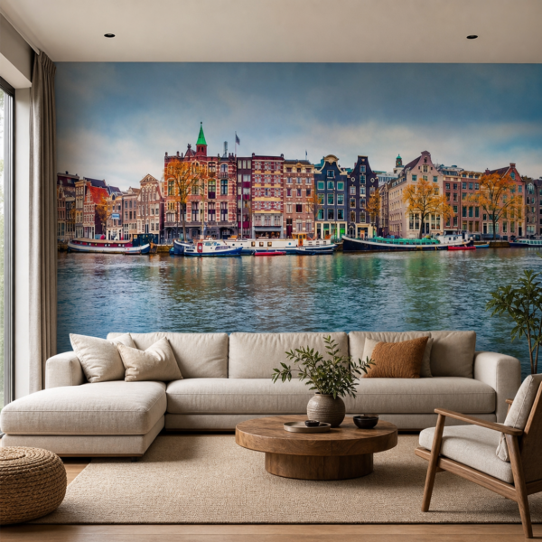 fotobehang Fotobehang Amsterdam aan de muur in de woonkamer