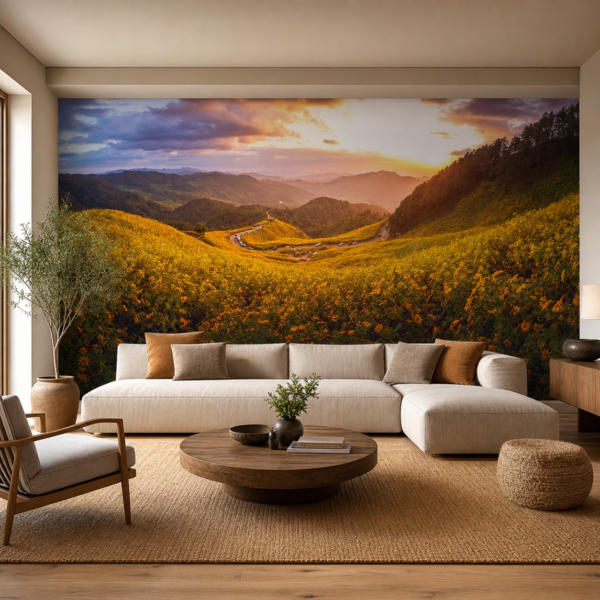 fotobehang Fotobehang Zonnebloemenpark aan de muur in de woonkamer