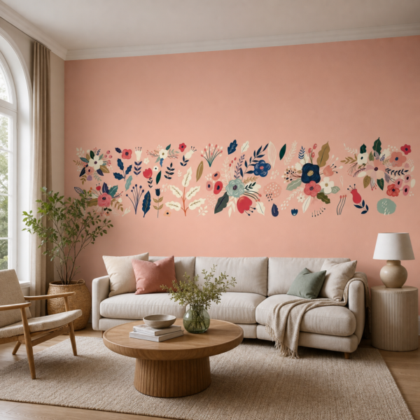 fotobehang Fotobehang Flowers in Pink aan de muur in de woonkamer