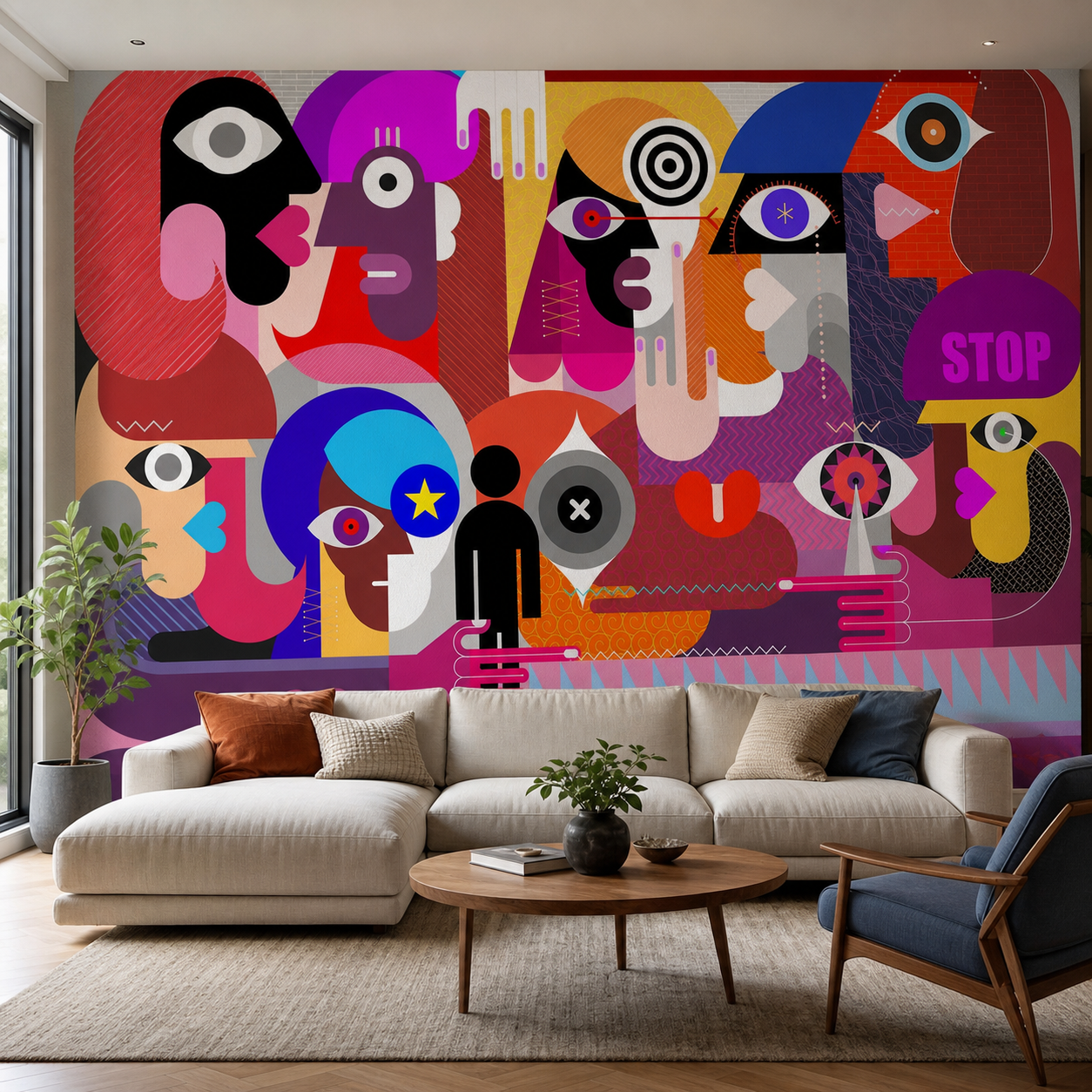 fotobehang Fotobehang Groep mensen aan de muur in de woonkamer