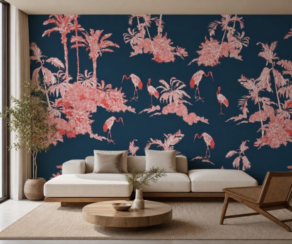 fotobehang Fotobehang Pink Palms aan de muur in de woonkamer