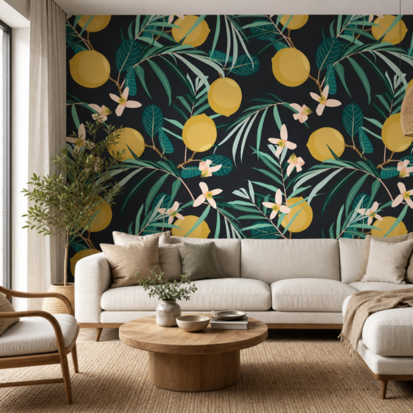 fotobehang Fotobehang Citroenen en Blaadjes aan de muur in de woonkamer