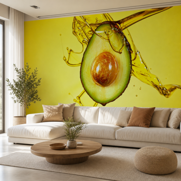 fotobehang Fotobehang Avocado's in Olie aan de muur in de woonkamer
