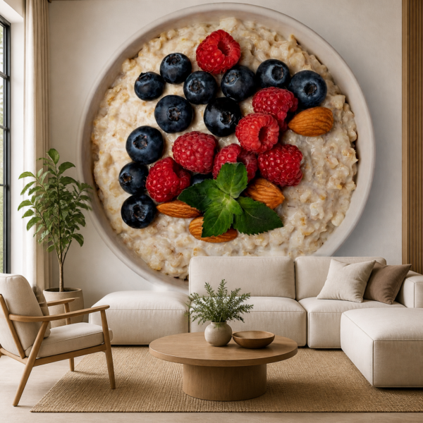 fotobehang Fotobehang Havervlokken aan de muur in de woonkamer