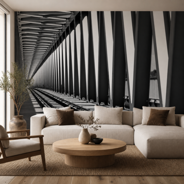 fotobehang Fotobehang Spoorbrug aan de muur in de woonkamer