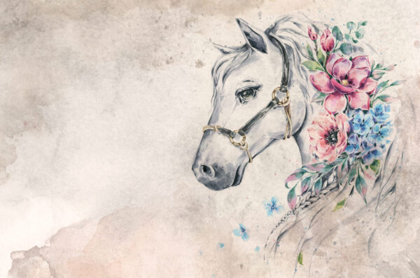 Fotobehang Prachtig paard en bloemen