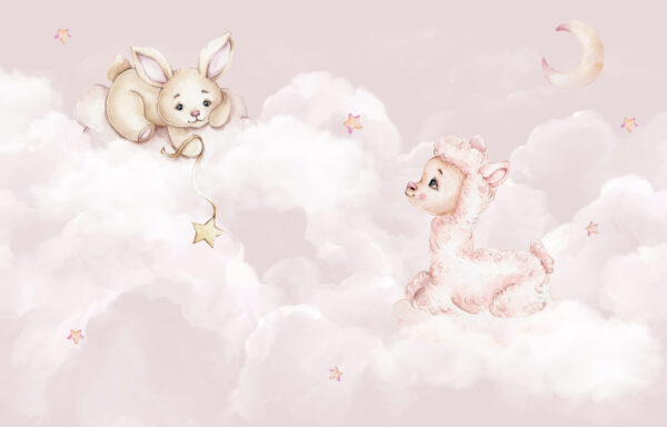 Fotobehang Schaap en konijn op pastelkleurige wolken