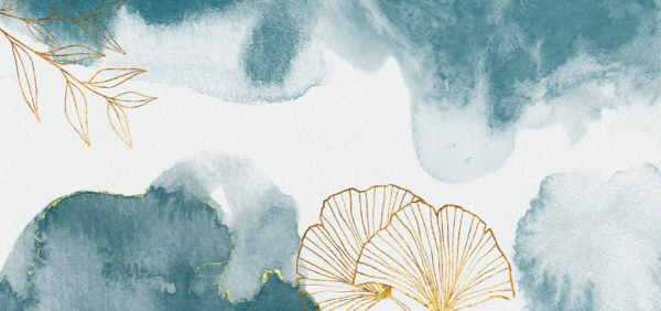Fotobehang Blauwe aquarelverf met goud