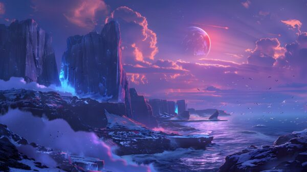 Fotobehang Buitenaardse planeet boven de rotsachtige kust