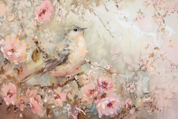 Fotobehang Aquarel vogel tussen de bloemen