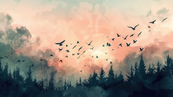 Fotobehang Een zwerm vogels boven de horizon van het bos