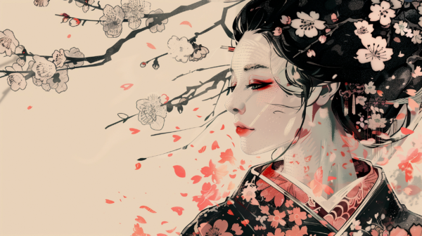 Fotobehang Geisha in Bloemen