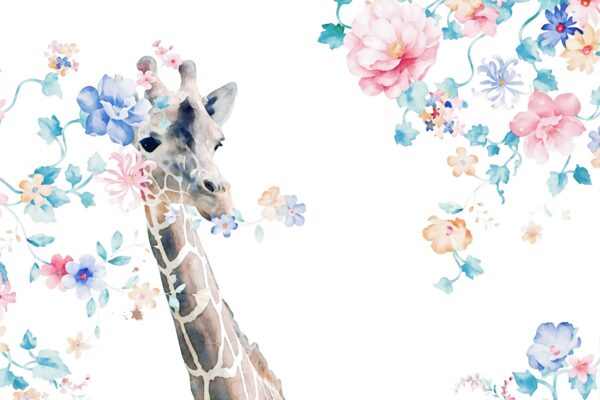 Fotobehang Giraffe tussen aquarelbloemen